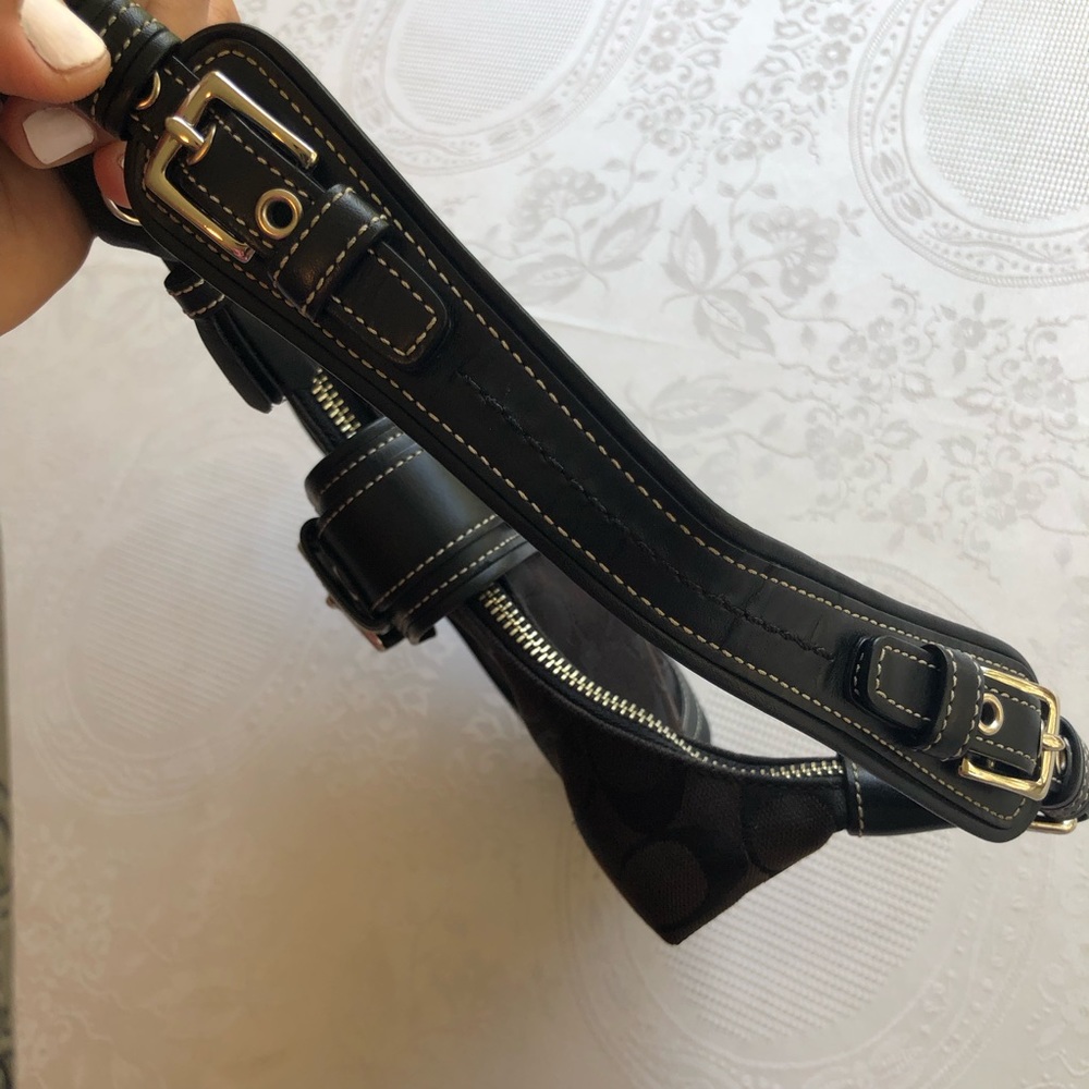 COACH Signature Hampton Shoulder Bag Black Leather/Canvas Purse Zippered Clasp - Picture 14 of 16